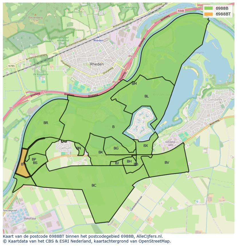 Afbeelding van het postcodegebied 6988 BT op de kaart.
