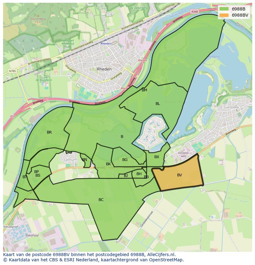 Afbeelding van het postcodegebied 6988 BV op de kaart.