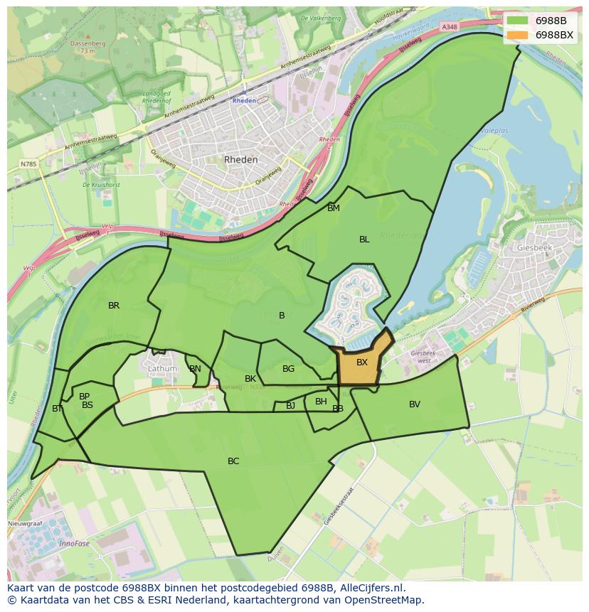 Afbeelding van het postcodegebied 6988 BX op de kaart.