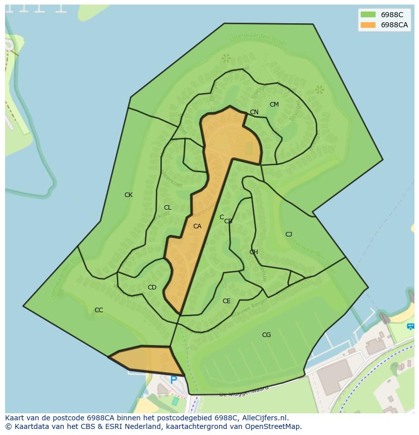 Afbeelding van het postcodegebied 6988 CA op de kaart.