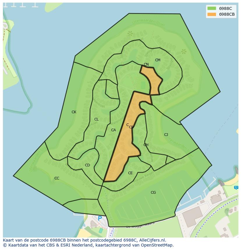 Afbeelding van het postcodegebied 6988 CB op de kaart.