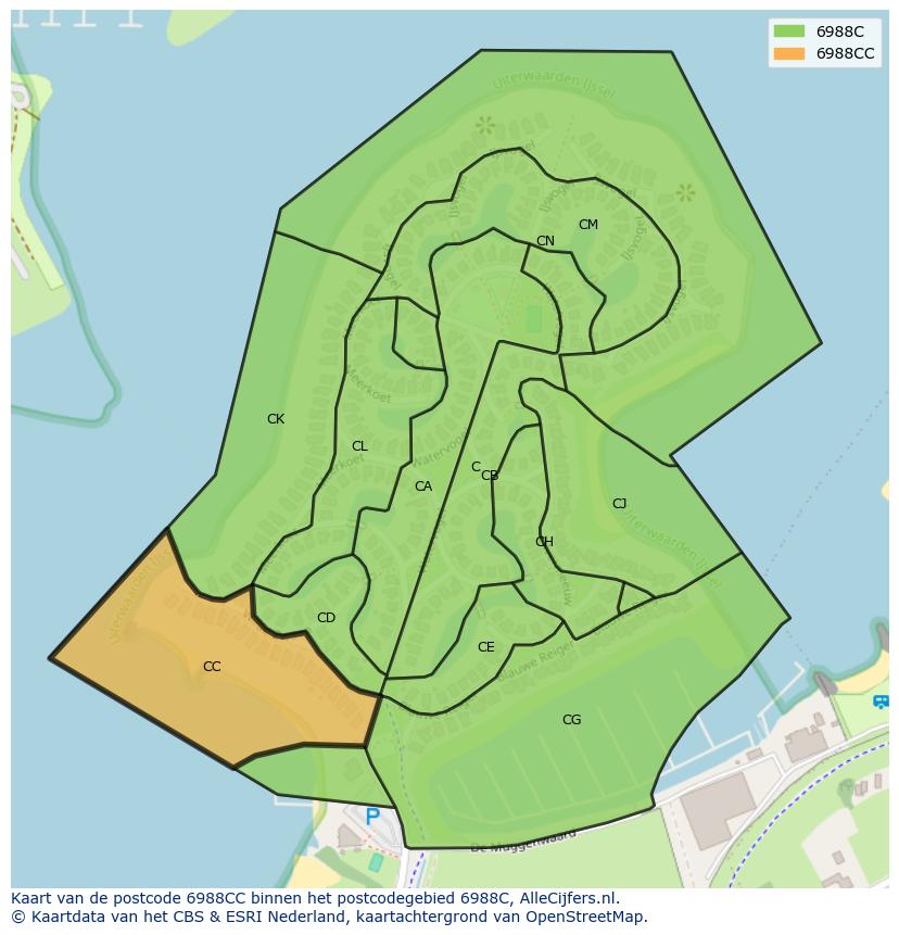 Afbeelding van het postcodegebied 6988 CC op de kaart.