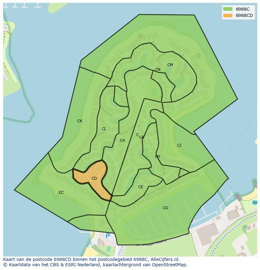 Afbeelding van het postcodegebied 6988 CD op de kaart.