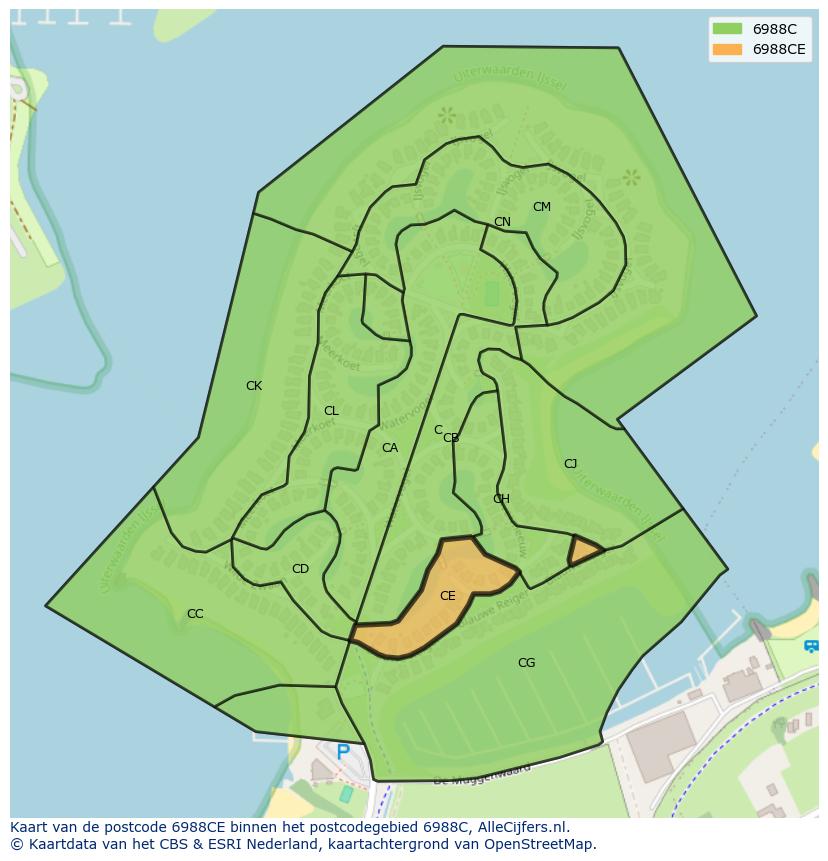 Afbeelding van het postcodegebied 6988 CE op de kaart.