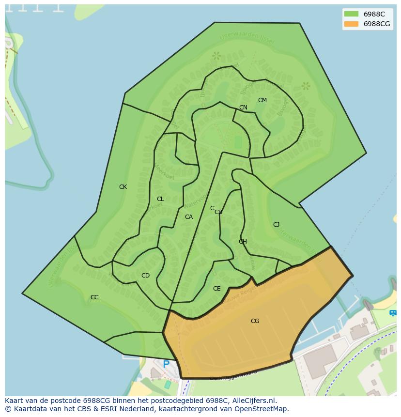 Afbeelding van het postcodegebied 6988 CG op de kaart.