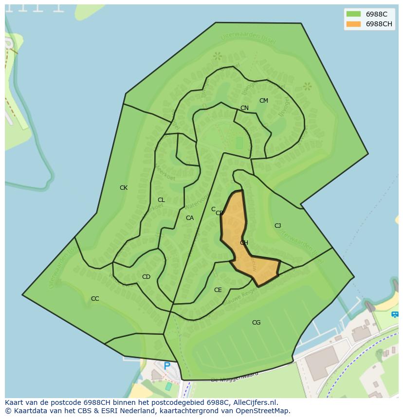 Afbeelding van het postcodegebied 6988 CH op de kaart.