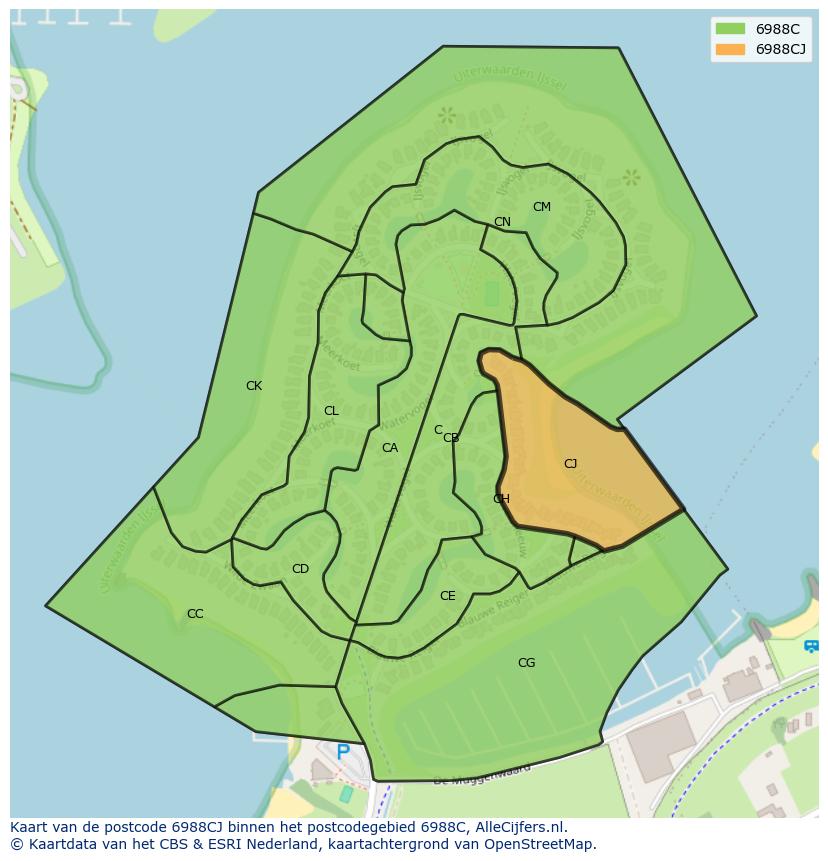 Afbeelding van het postcodegebied 6988 CJ op de kaart.