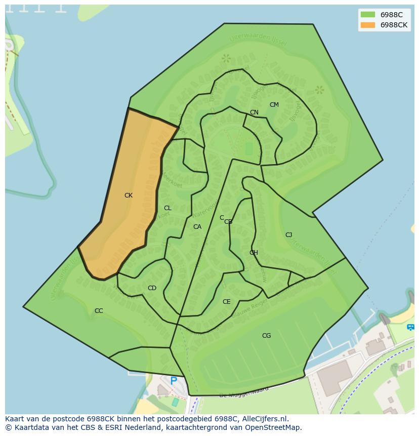 Afbeelding van het postcodegebied 6988 CK op de kaart.