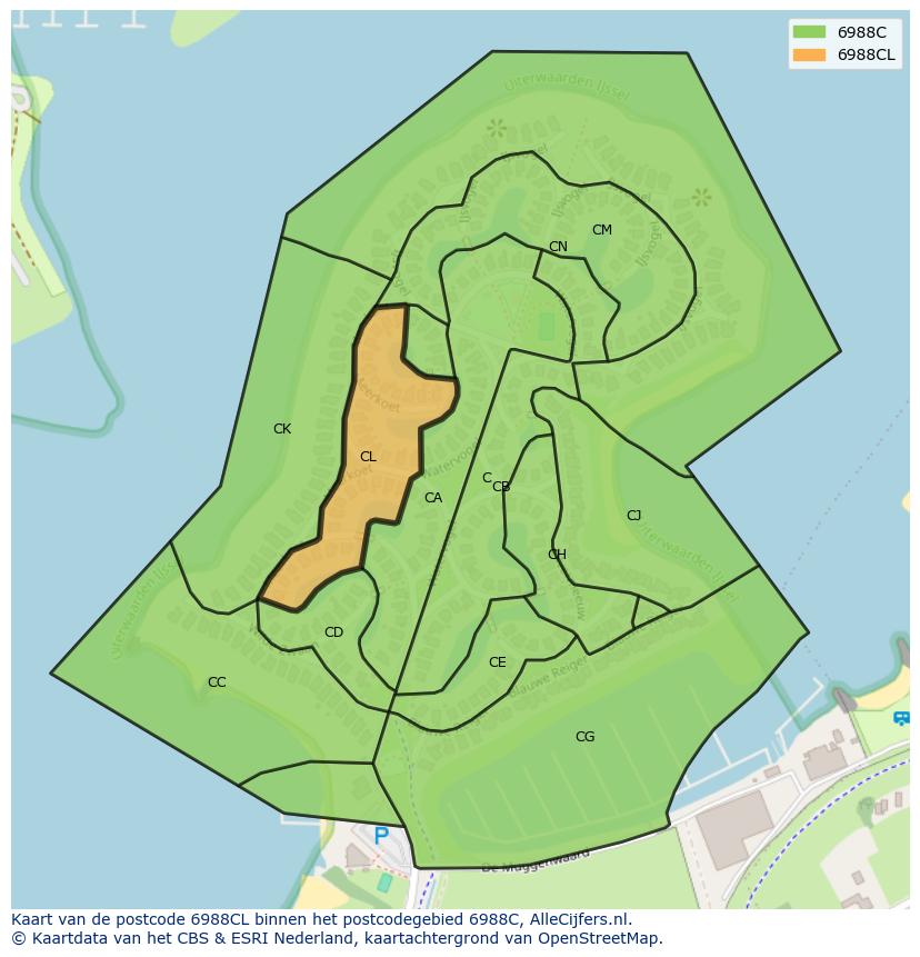 Afbeelding van het postcodegebied 6988 CL op de kaart.