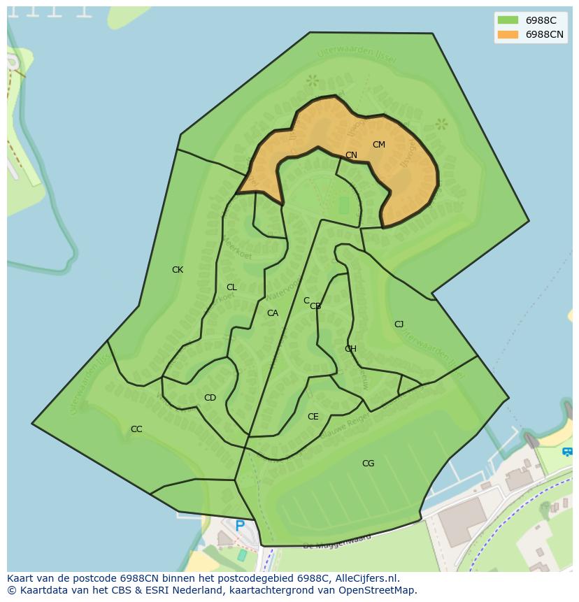 Afbeelding van het postcodegebied 6988 CN op de kaart.