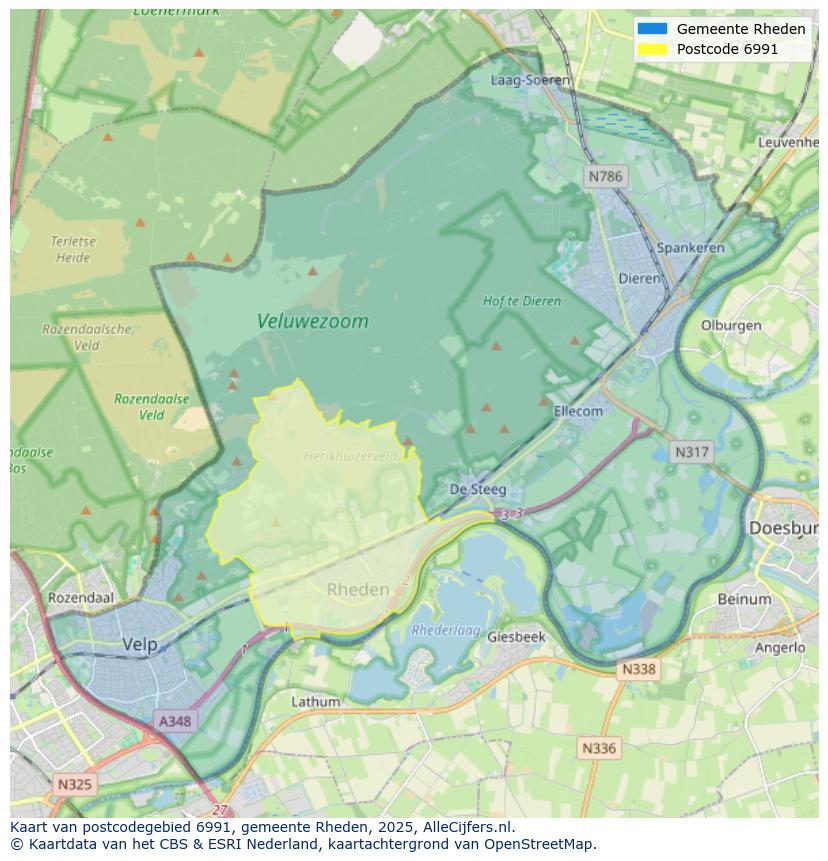 Afbeelding van het postcodegebied 6991 op de kaart.