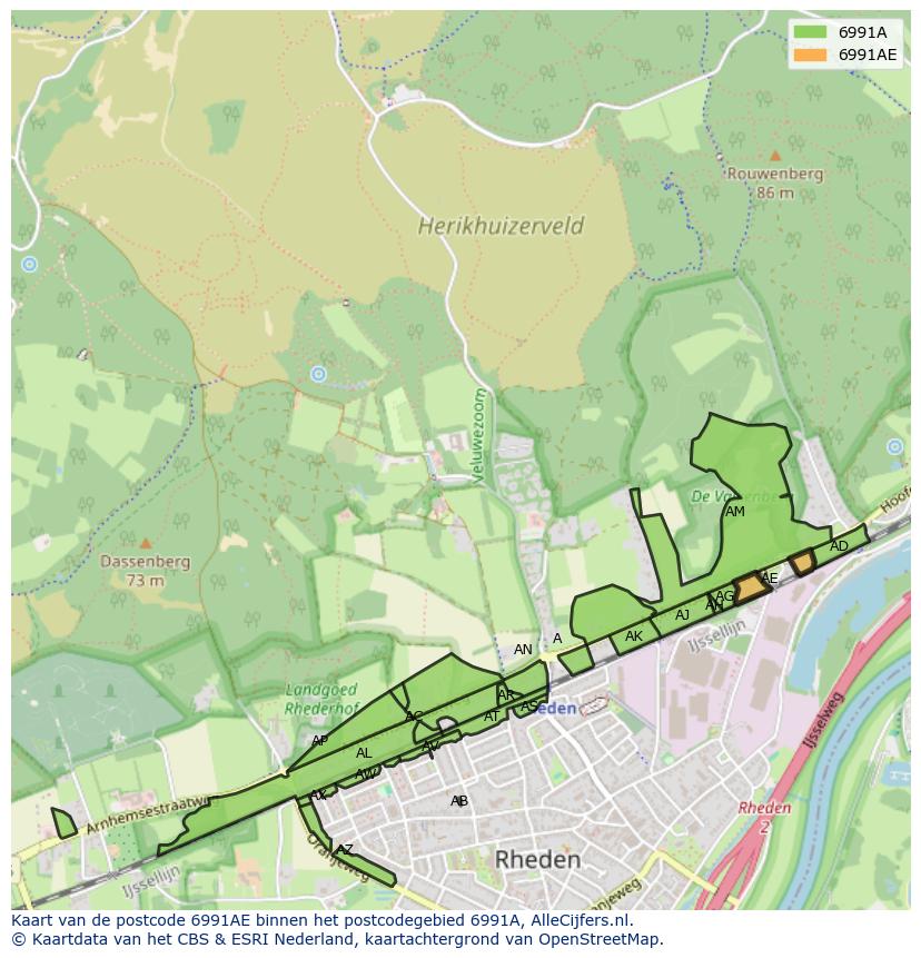 Afbeelding van het postcodegebied 6991 AE op de kaart.