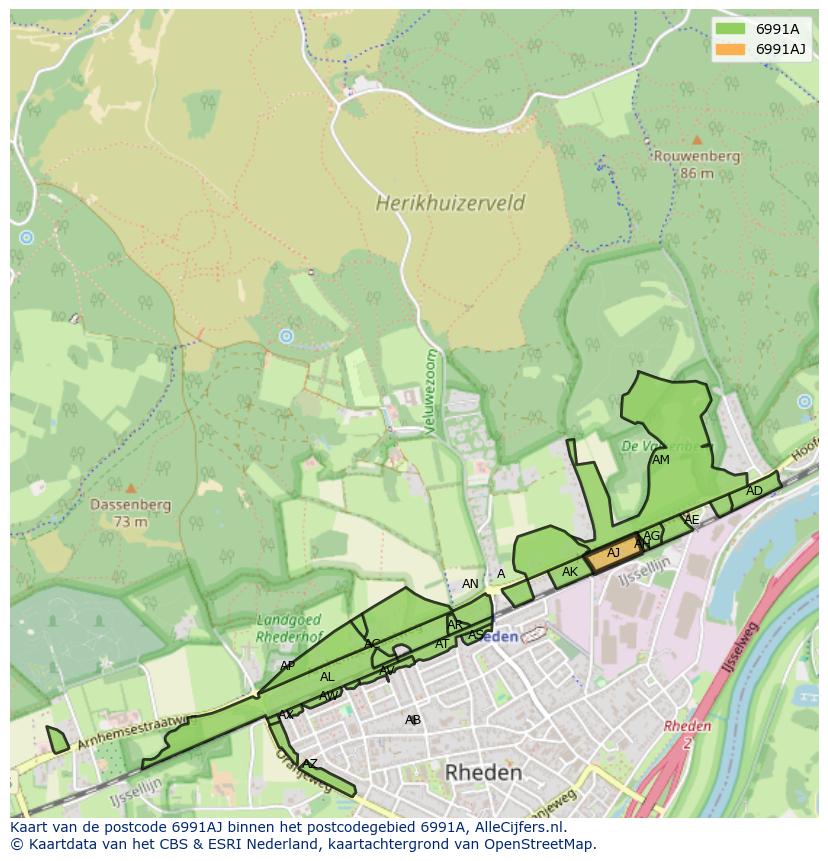 Afbeelding van het postcodegebied 6991 AJ op de kaart.