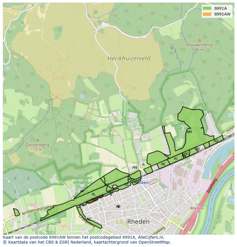Afbeelding van het postcodegebied 6991 AW op de kaart.