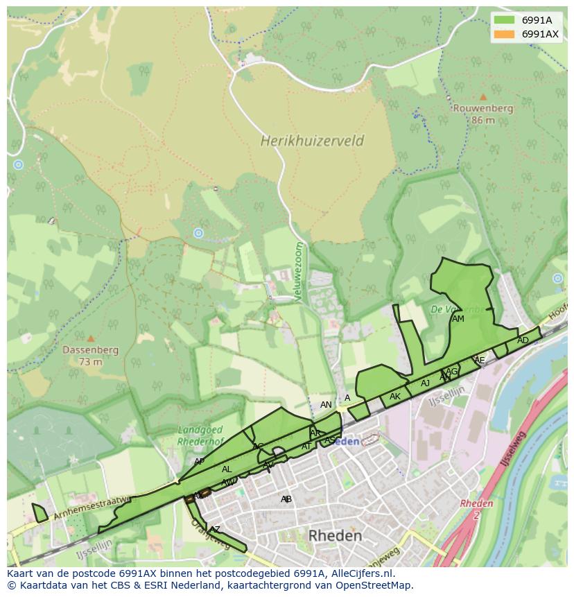 Afbeelding van het postcodegebied 6991 AX op de kaart.