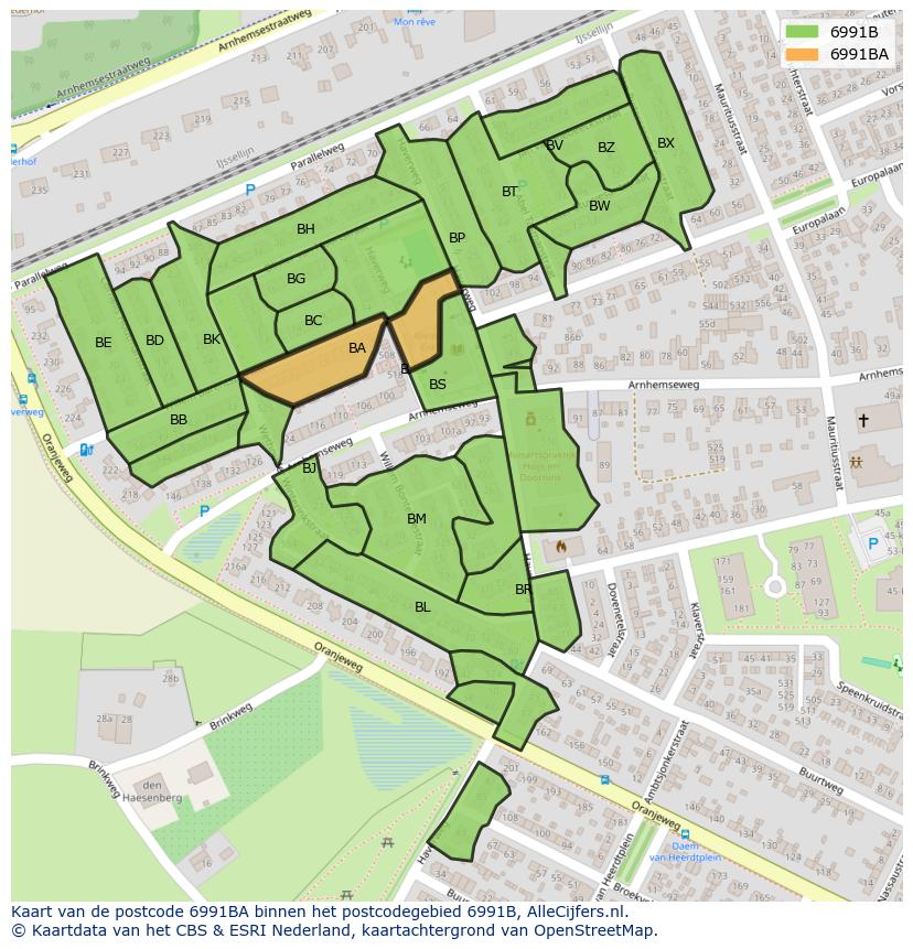 Afbeelding van het postcodegebied 6991 BA op de kaart.