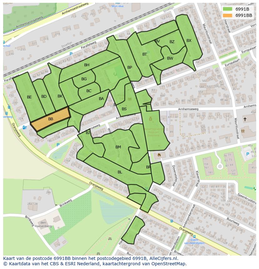 Afbeelding van het postcodegebied 6991 BB op de kaart.