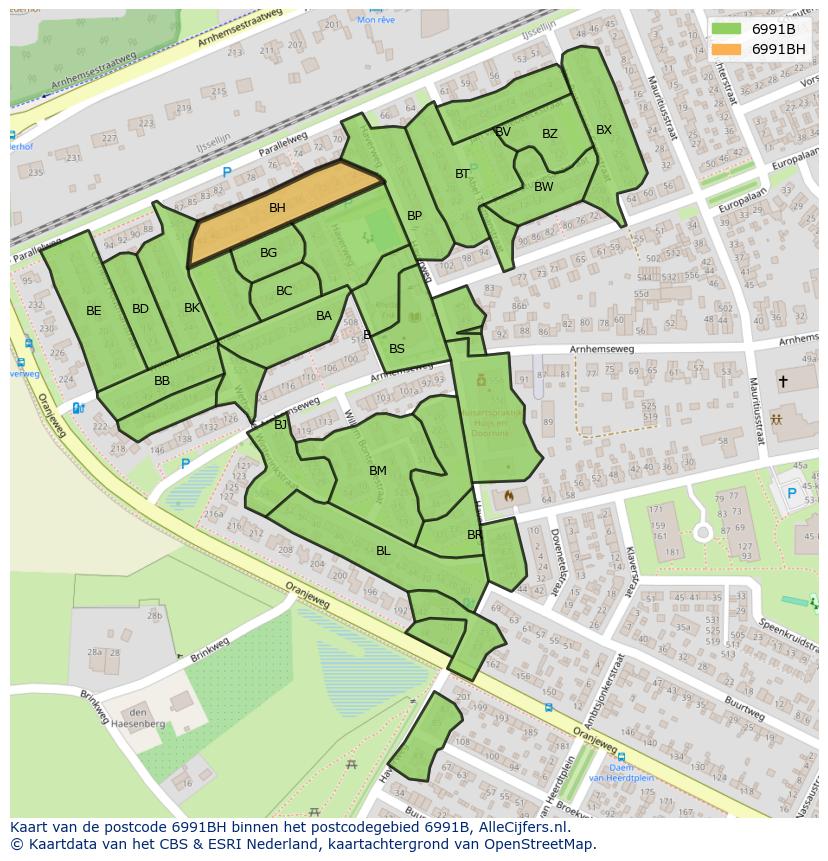 Afbeelding van het postcodegebied 6991 BH op de kaart.