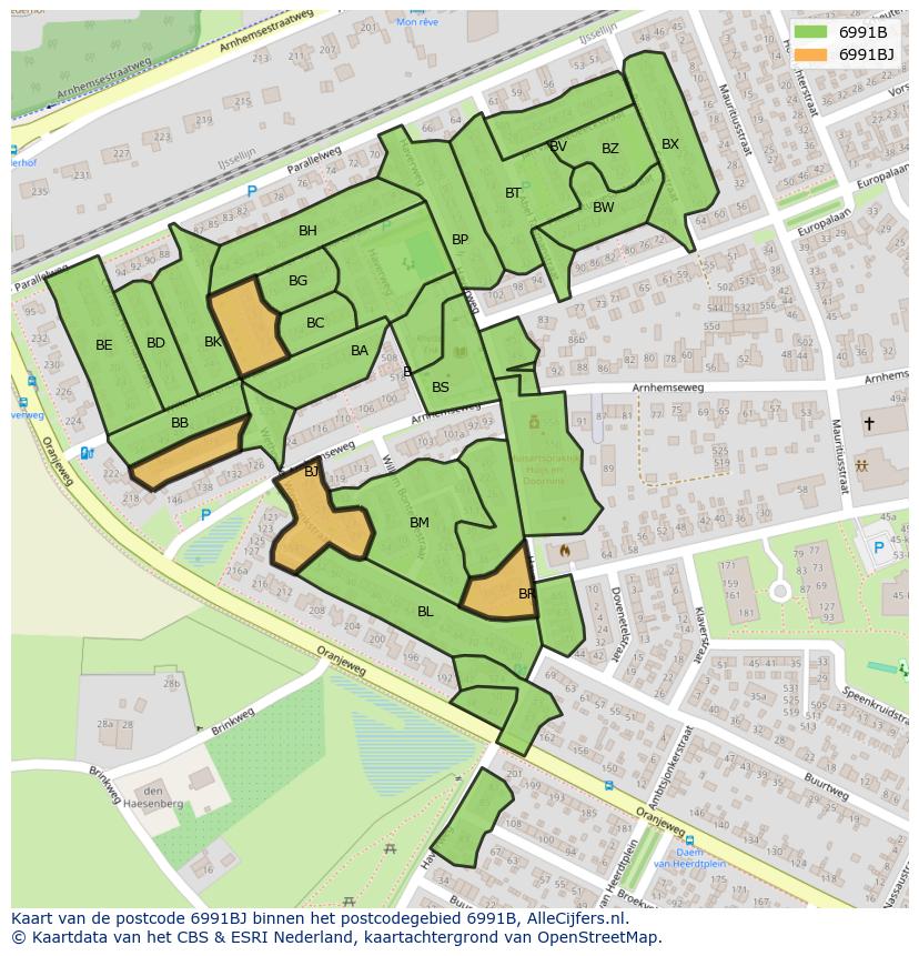 Afbeelding van het postcodegebied 6991 BJ op de kaart.