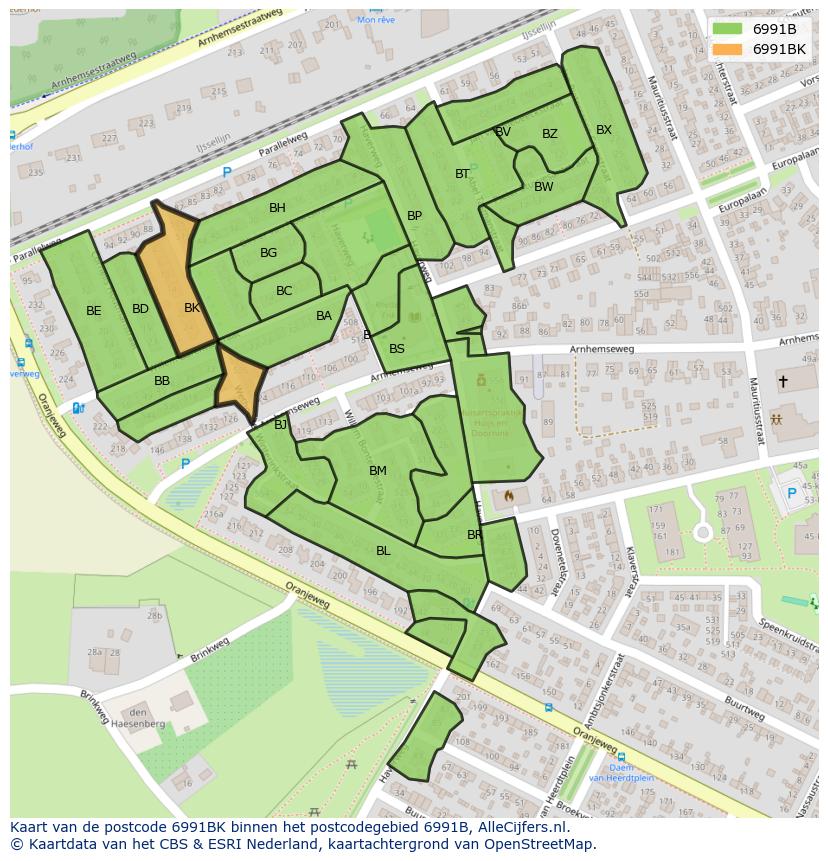 Afbeelding van het postcodegebied 6991 BK op de kaart.