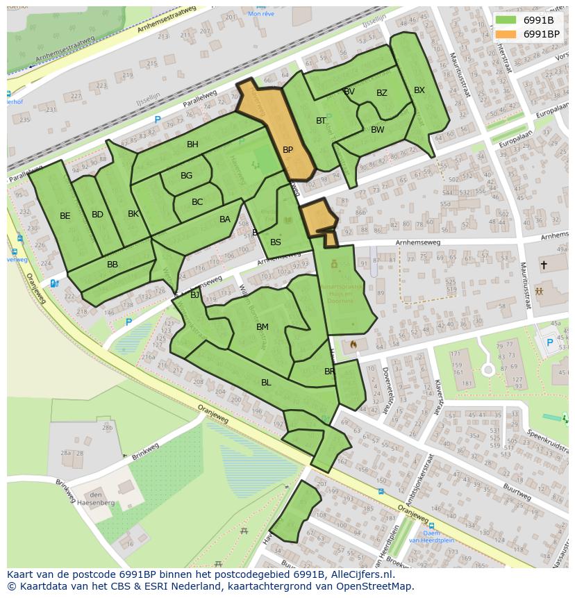 Afbeelding van het postcodegebied 6991 BP op de kaart.