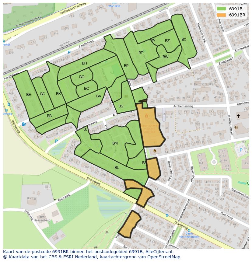 Afbeelding van het postcodegebied 6991 BR op de kaart.