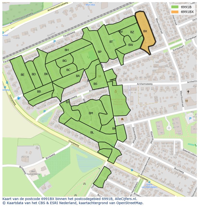 Afbeelding van het postcodegebied 6991 BX op de kaart.