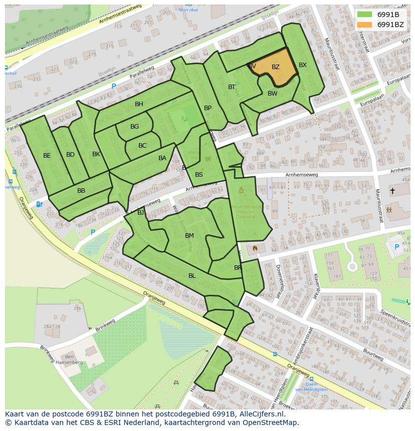 Afbeelding van het postcodegebied 6991 BZ op de kaart.