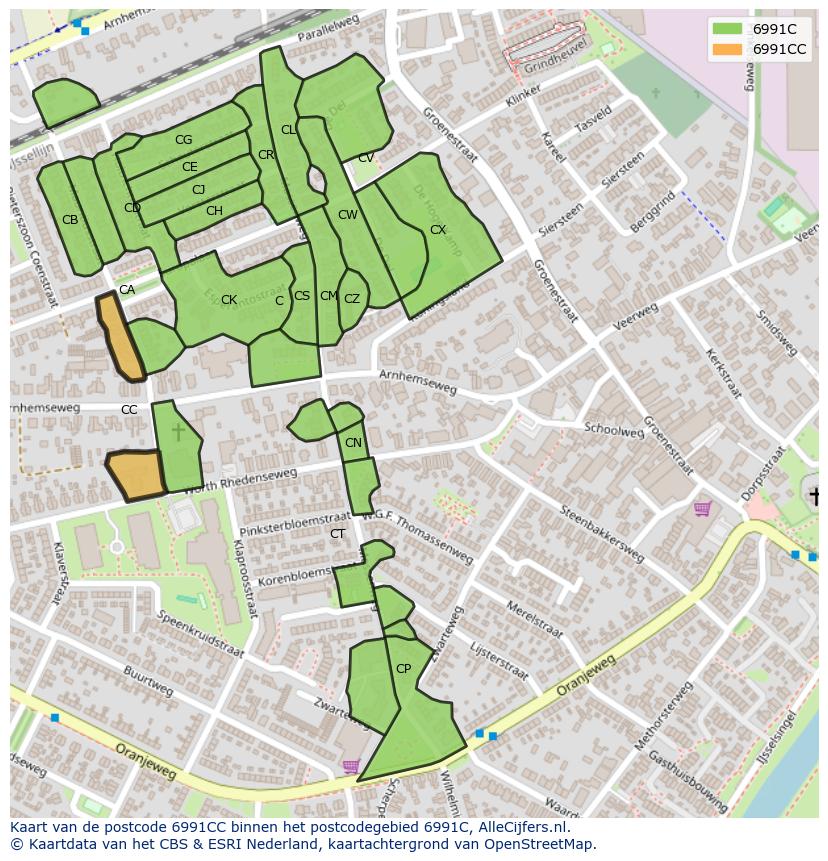 Afbeelding van het postcodegebied 6991 CC op de kaart.