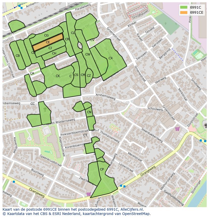 Afbeelding van het postcodegebied 6991 CE op de kaart.