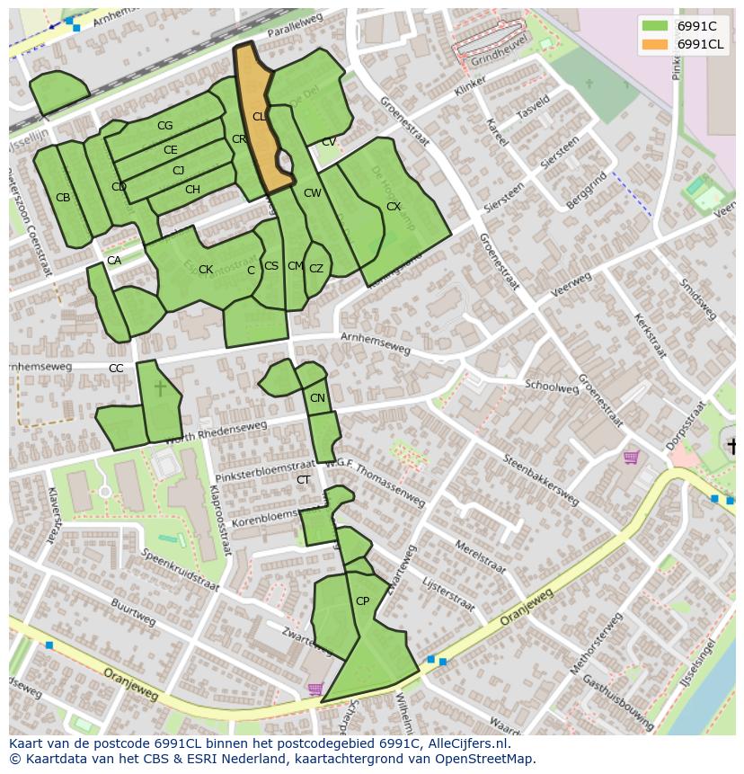 Afbeelding van het postcodegebied 6991 CL op de kaart.
