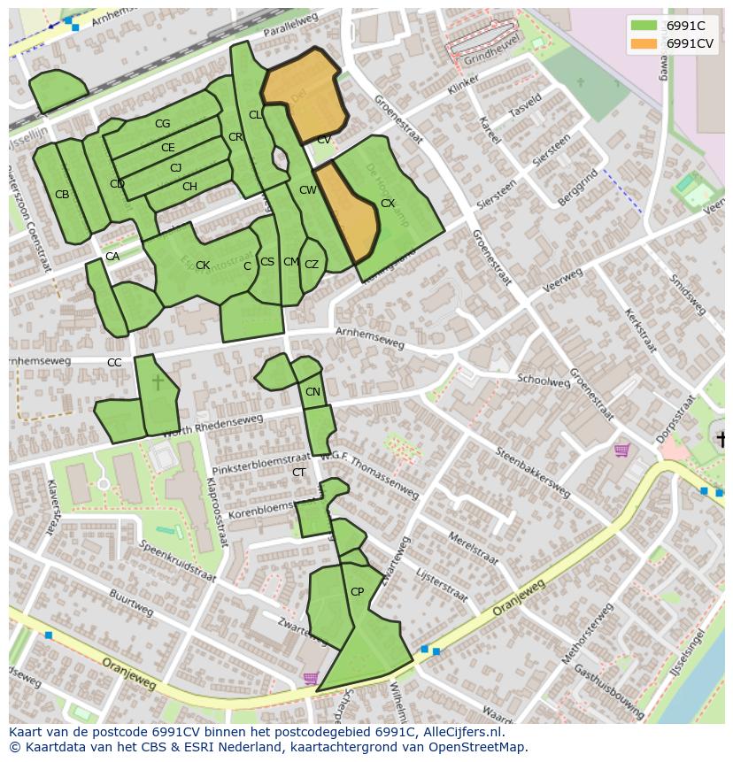Afbeelding van het postcodegebied 6991 CV op de kaart.