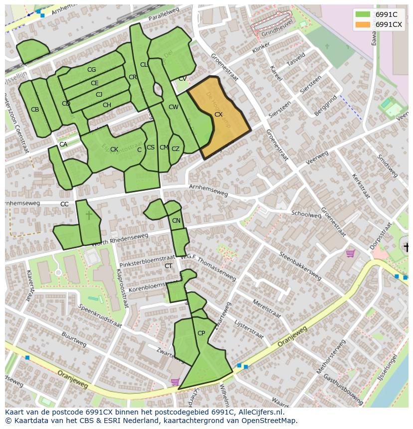 Afbeelding van het postcodegebied 6991 CX op de kaart.