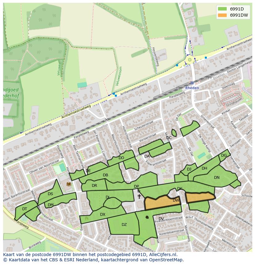 Afbeelding van het postcodegebied 6991 DW op de kaart.