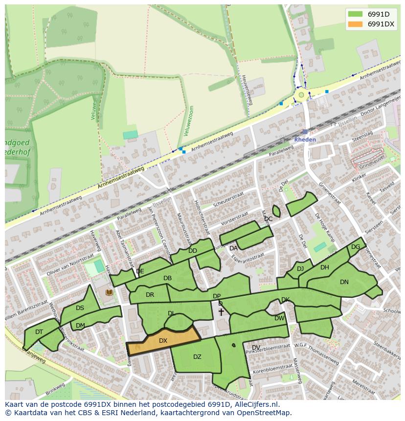 Afbeelding van het postcodegebied 6991 DX op de kaart.