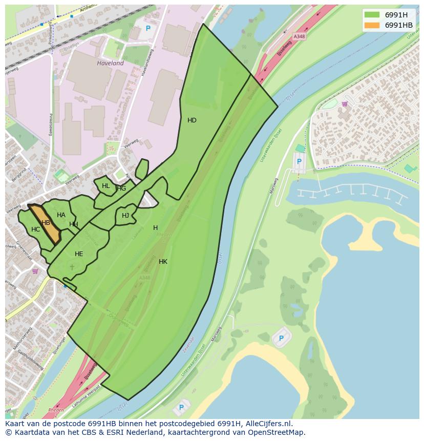 Afbeelding van het postcodegebied 6991 HB op de kaart.