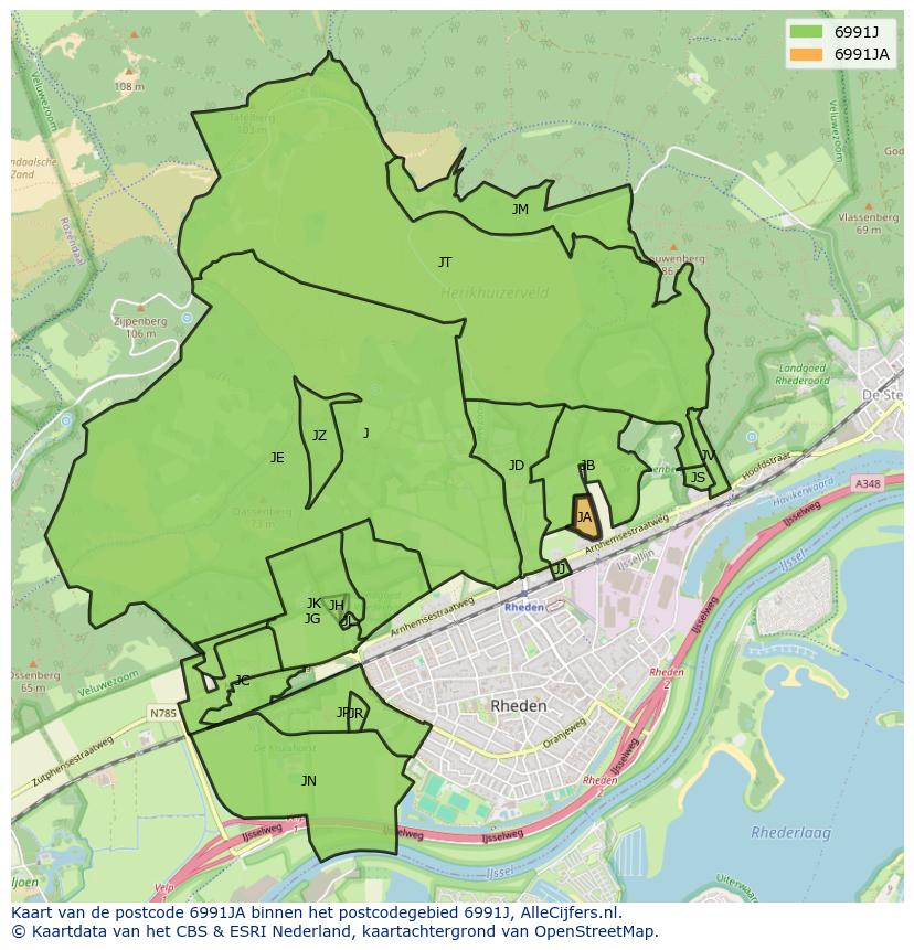 Afbeelding van het postcodegebied 6991 JA op de kaart.