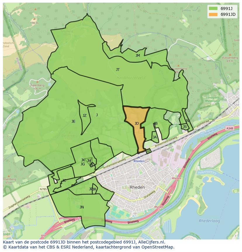 Afbeelding van het postcodegebied 6991 JD op de kaart.