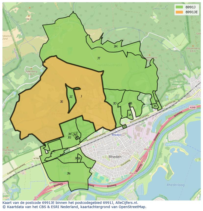 Afbeelding van het postcodegebied 6991 JE op de kaart.