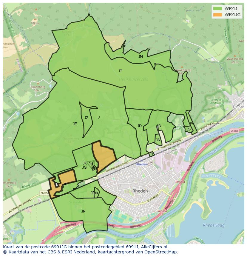 Afbeelding van het postcodegebied 6991 JG op de kaart.