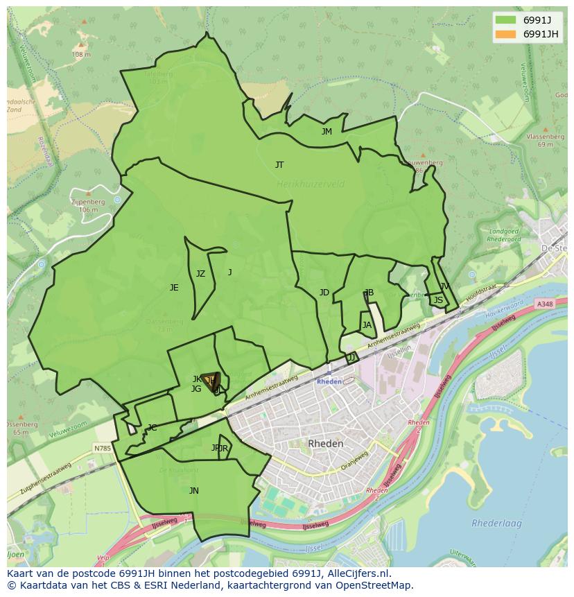 Afbeelding van het postcodegebied 6991 JH op de kaart.