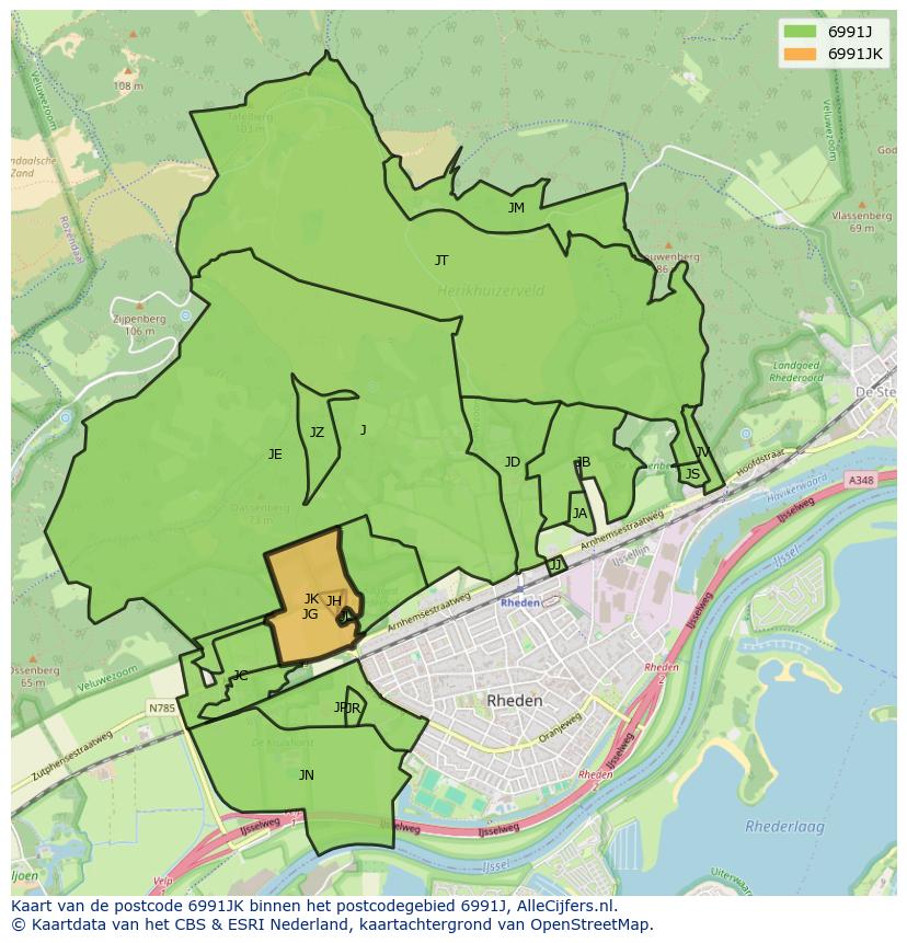 Afbeelding van het postcodegebied 6991 JK op de kaart.