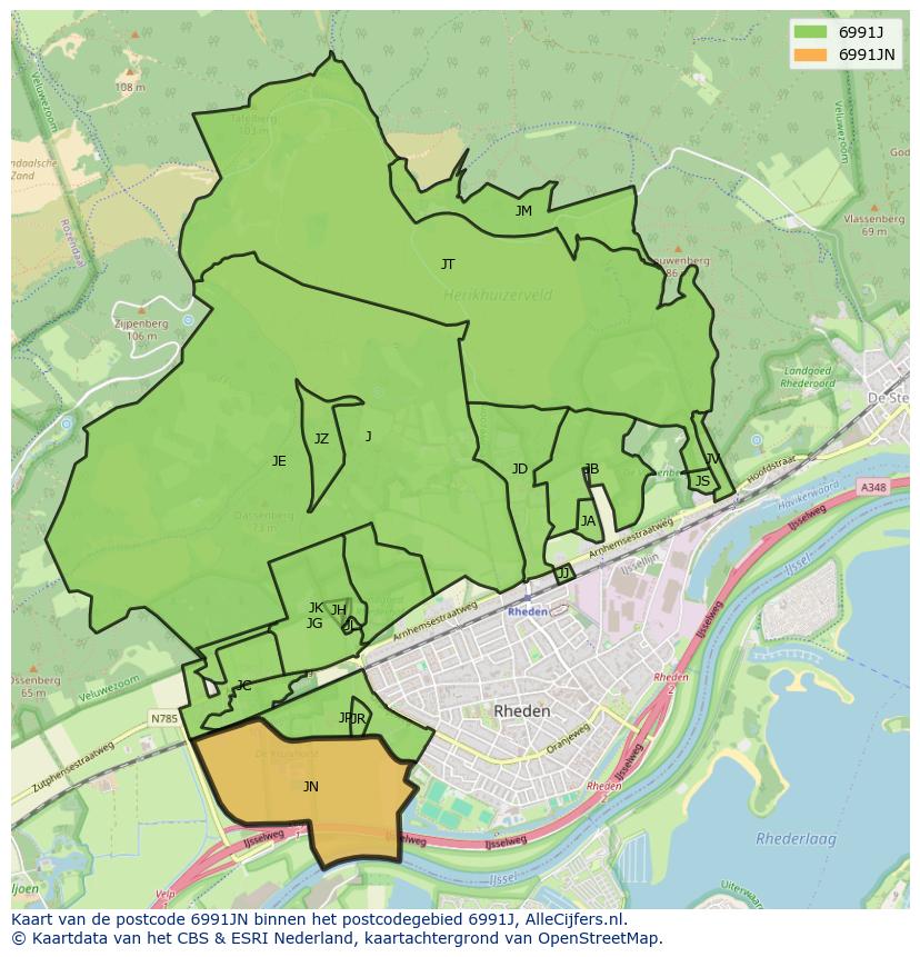 Afbeelding van het postcodegebied 6991 JN op de kaart.