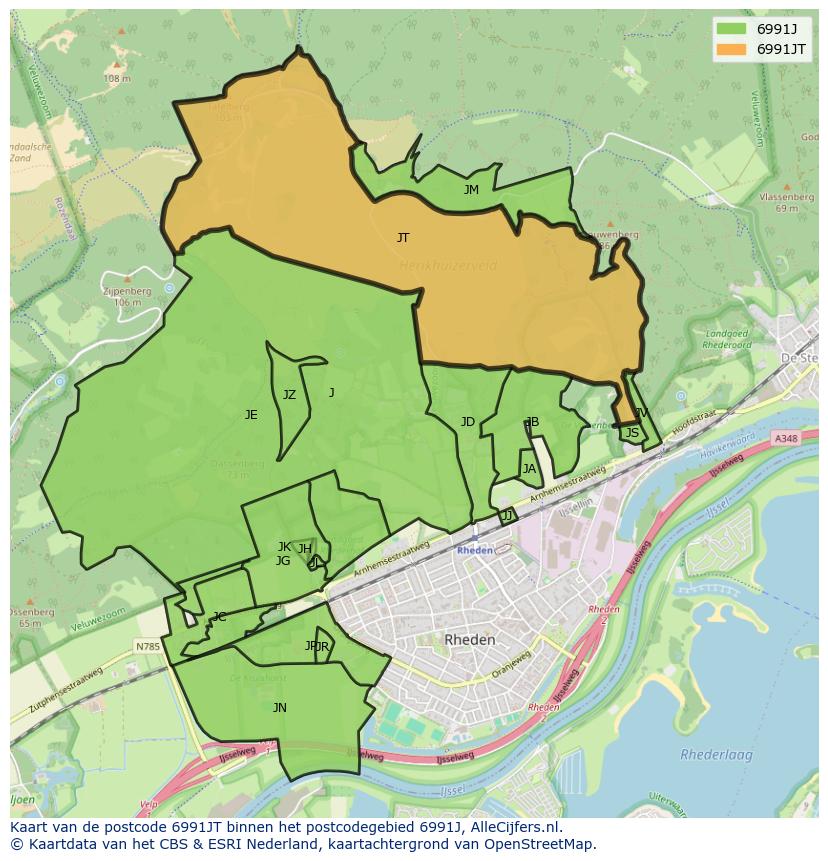 Afbeelding van het postcodegebied 6991 JT op de kaart.