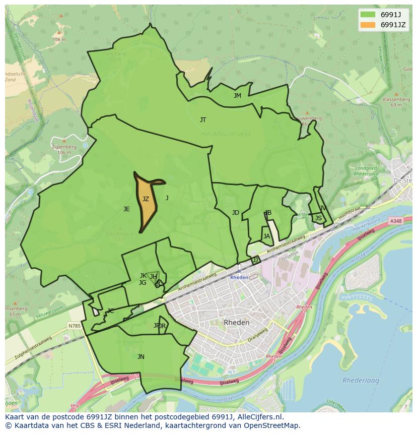 Afbeelding van het postcodegebied 6991 JZ op de kaart.