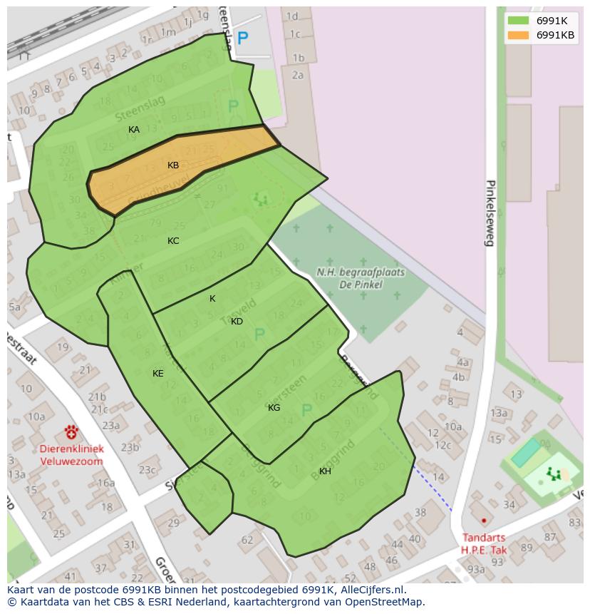 Afbeelding van het postcodegebied 6991 KB op de kaart.