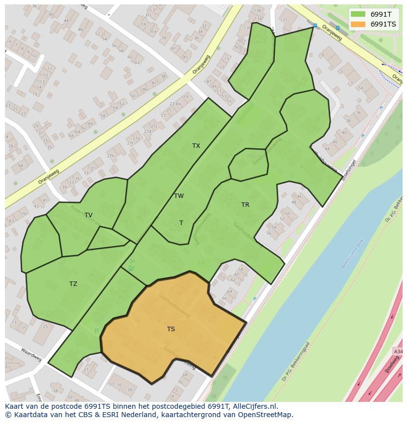 Afbeelding van het postcodegebied 6991 TS op de kaart.
