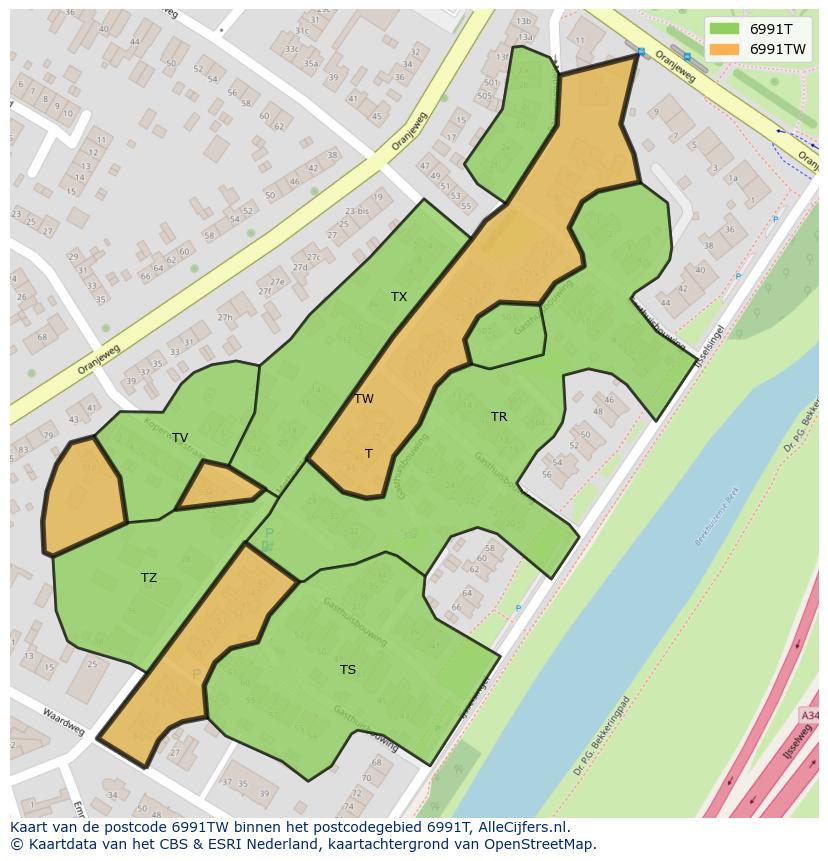 Afbeelding van het postcodegebied 6991 TW op de kaart.