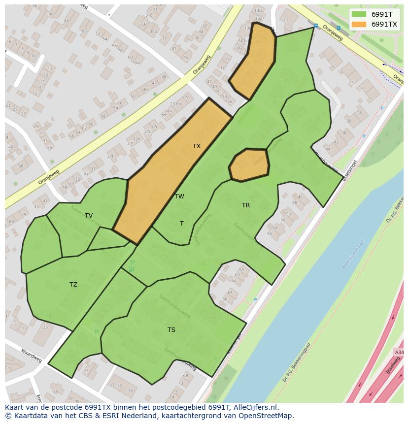 Afbeelding van het postcodegebied 6991 TX op de kaart.