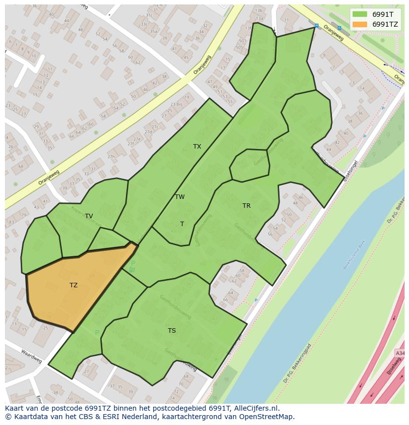 Afbeelding van het postcodegebied 6991 TZ op de kaart.